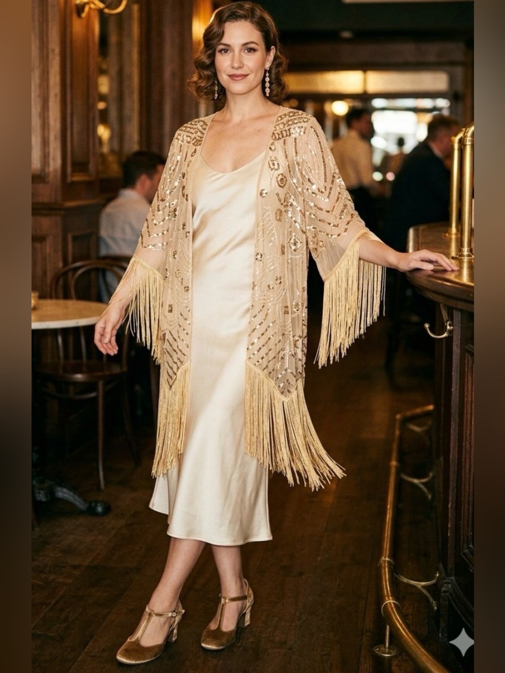 Beaded Fringe Sheer Shawl in Champagne